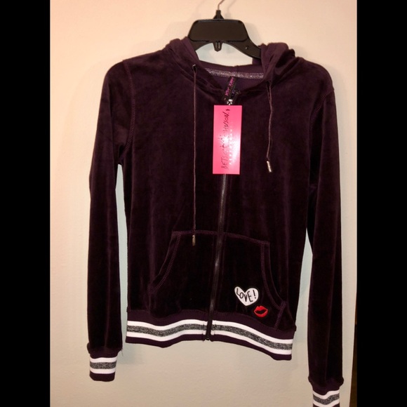 NWT BETSEY JOHNSON Velour Zip-Up LOVE Jacket w/Hood - Picture 3 of 8